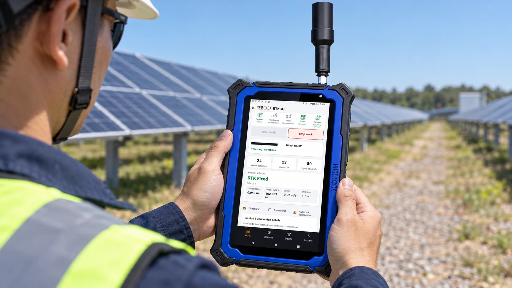 G71M solar facility inspection application illustration with RTKGO positioning interface