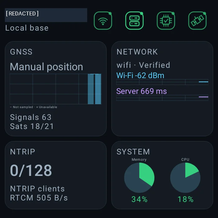 GB30 local base interface showing GNSS, network, NTRIP and system status