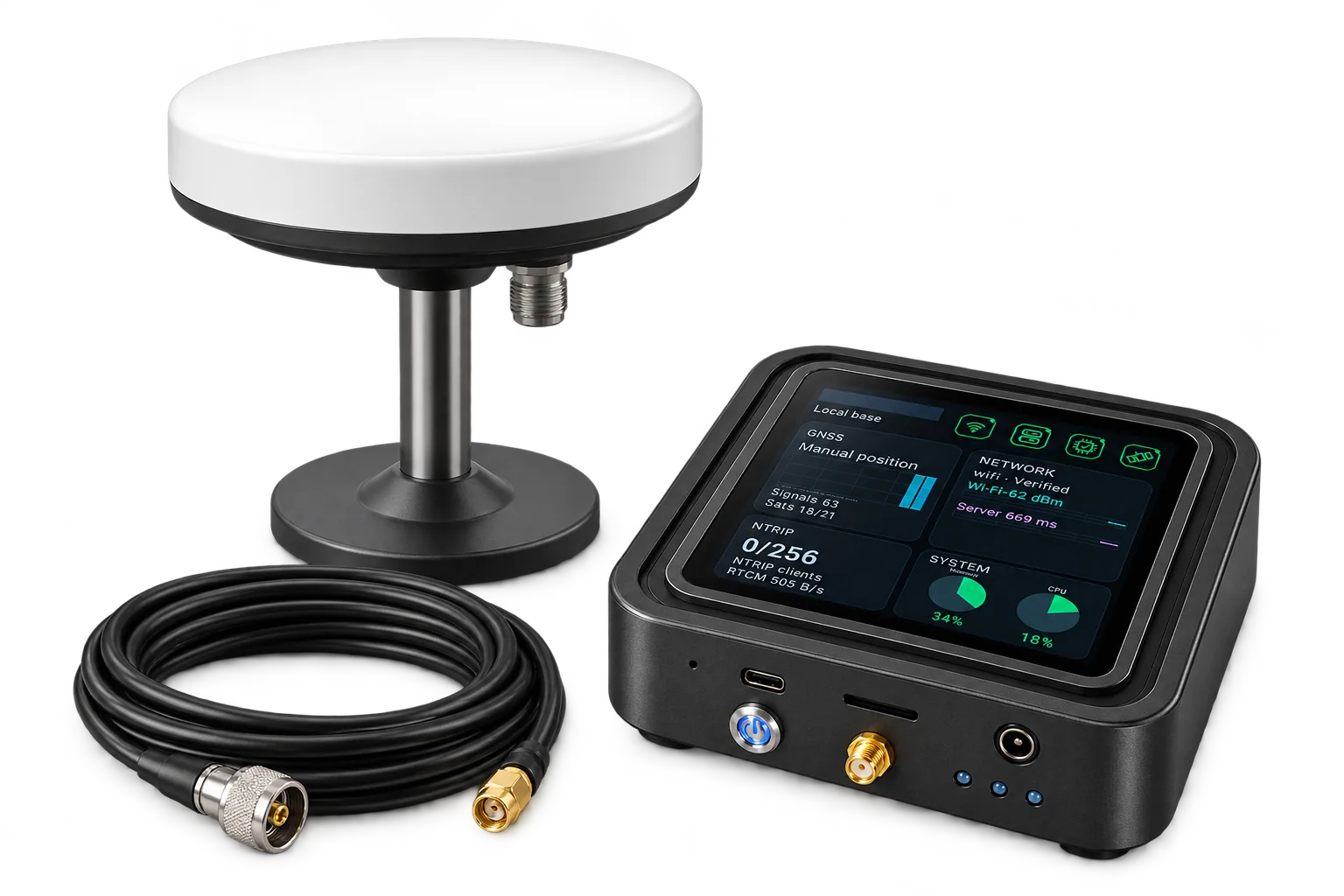 GB30 complete kit with main unit, external GNSS antenna, mounting stand and antenna cable