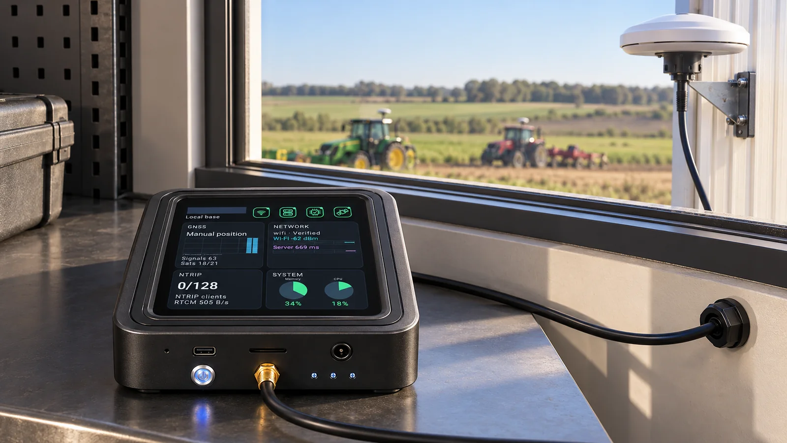 GB30 fixed indoor reference installation for an agricultural RTK positioning workflow