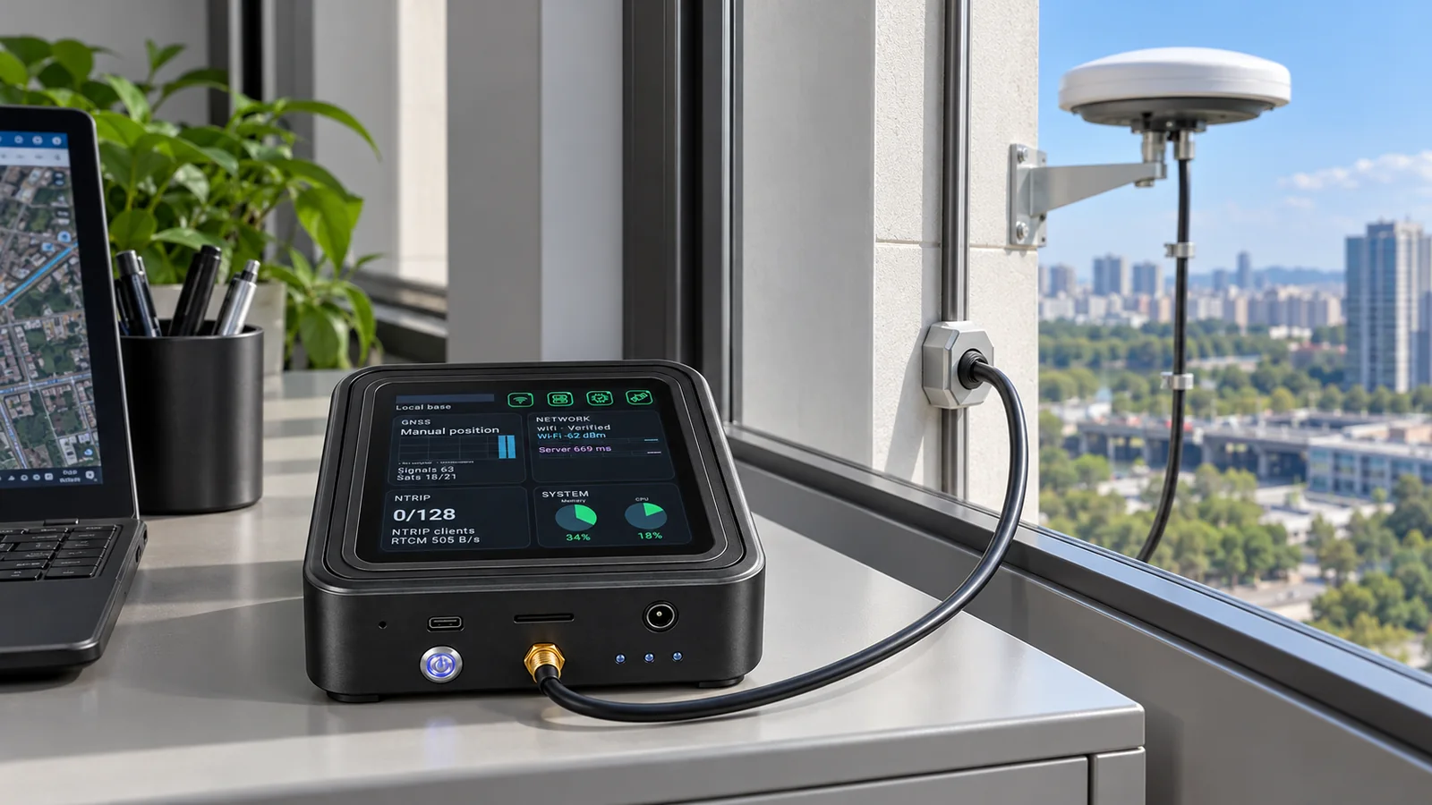 GB30 fixed indoor installation for City & surveying; GNSS antenna fixed outdoors