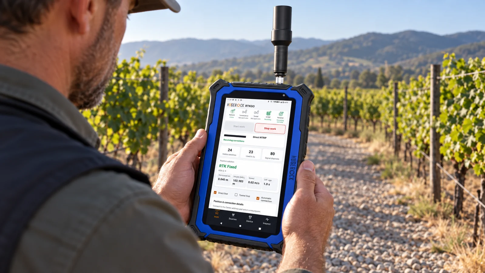 G71M rugged RTK tablet in a professional field application, illustration