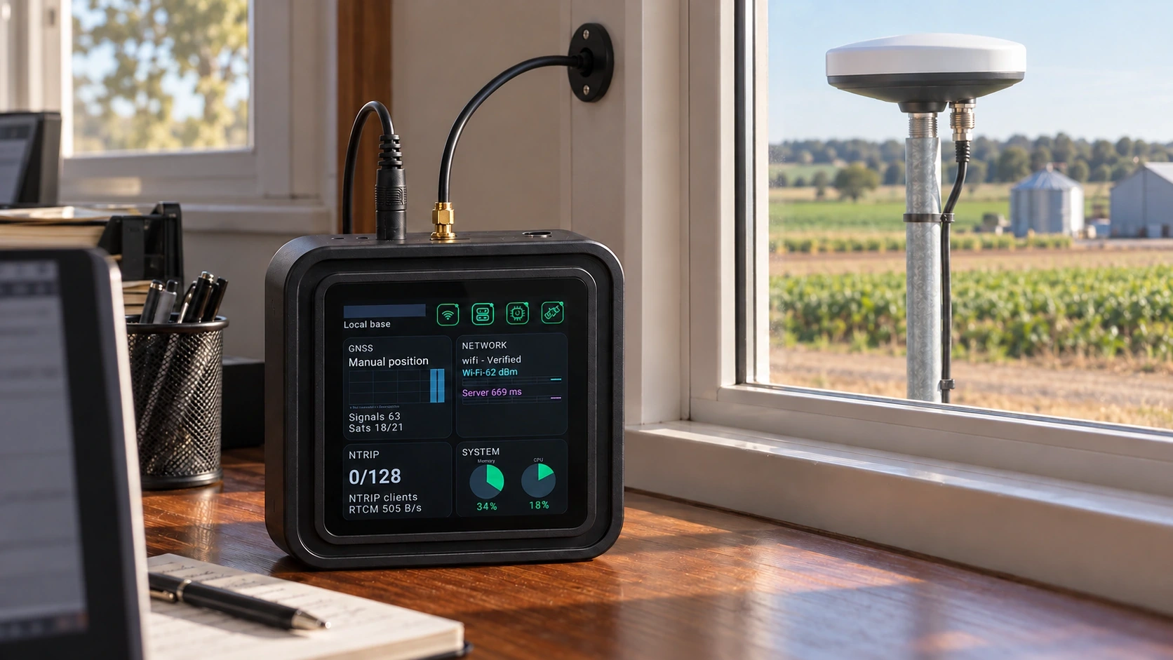 GB30 fixed indoor reference installation for an agricultural RTK positioning workflow
